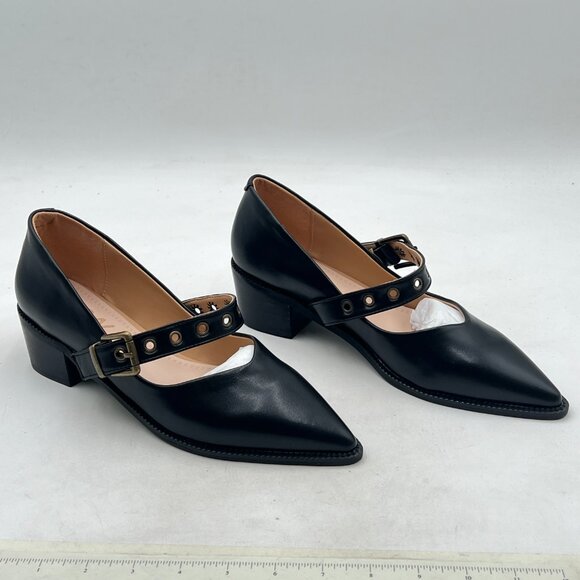 YDN Black Pointed Toe Mary Jane Chunky Heels Loafers Hollow Buckle Pumps - Picture 4 of 8